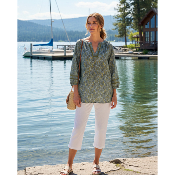 Lands' End Tops - Lands End Tunic Shirt Top Womens XL 18‎ Paisley Green Blue Long Sleeve Boho